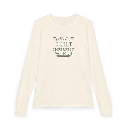 "Perfectly Built in an Imperfect World" Youth Long Sleeve Tee — Collegiate Arch Stack | Uplifted By Design™ Inspirational Kids Shirt