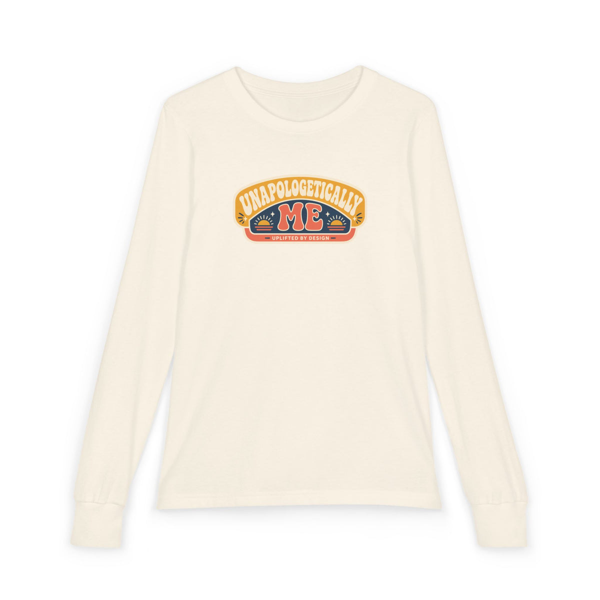 "Unapologetically Me" Youth Long Sleeve Tee — Retro Banner Crest | Uplifted By Design™ Autism Acceptance & Sensory Pride Shirt