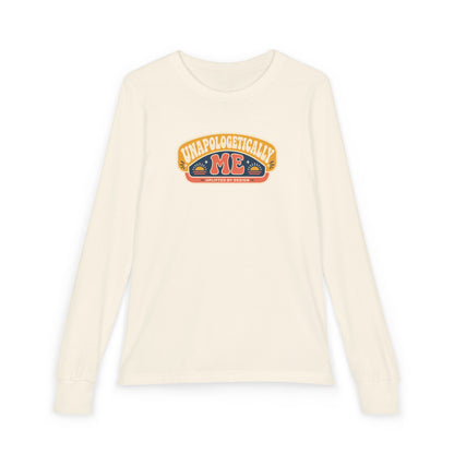 "Unapologetically Me" Youth Long Sleeve Tee — Retro Banner Crest | Uplifted By Design™ Autism Acceptance & Sensory Pride Shirt