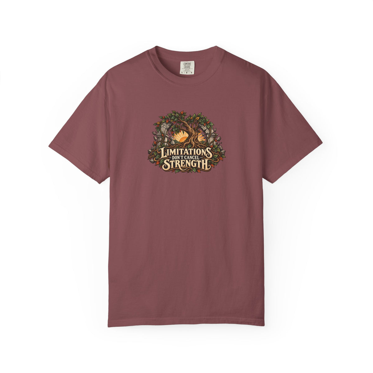"Limitations Don't Cancel Strength" Illustrated Edition Unisex T-Shirt — Resilient Tree & Broken-Arch Graphic | Uplifted By Design™ Cerebral Palsy & Adaptive Movement Tee