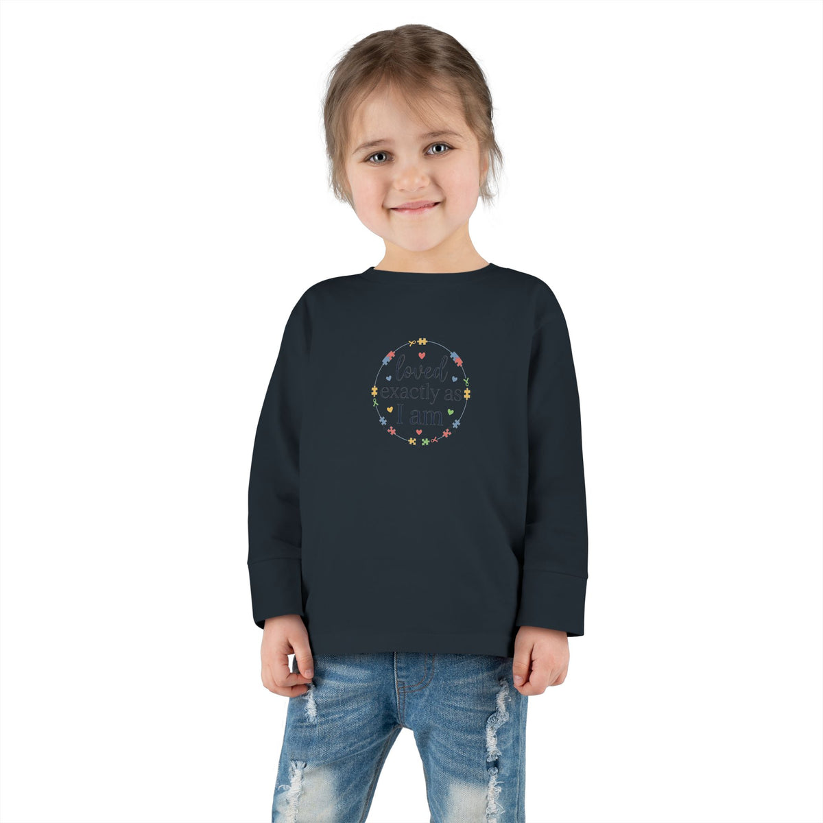 "Loved Exactly As I Am" Toddler Long Sleeve Tee — Puzzle Heart Wreath | Uplifted By Design™ Autism Acceptance & Sensory Pride Shirt
