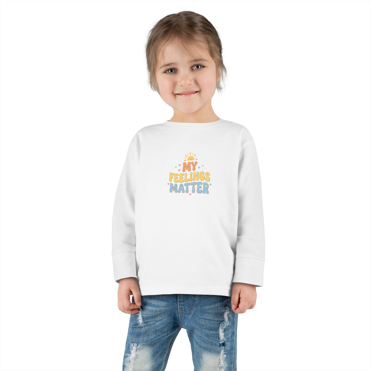 "My Feelings Matter" Toddler Long Sleeve Tee — Pastel Heart Lettering | Uplifted By Design™ Inspirational Kids Shirt