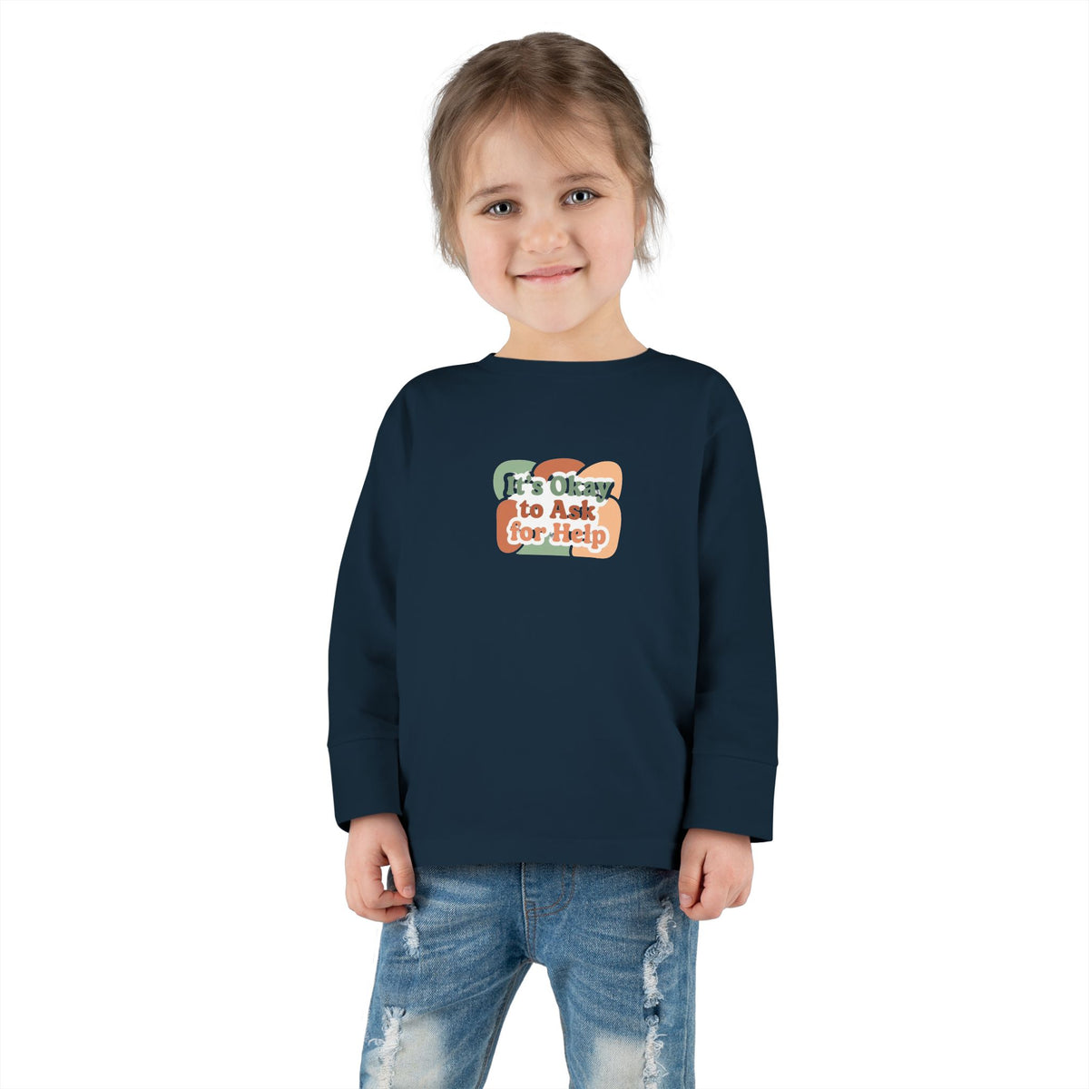 "It's Okay to Ask for Help" Toddler Long Sleeve Tee — Retro Layered Lettering | Uplifted By Design™ Inspirational Kids Shirt