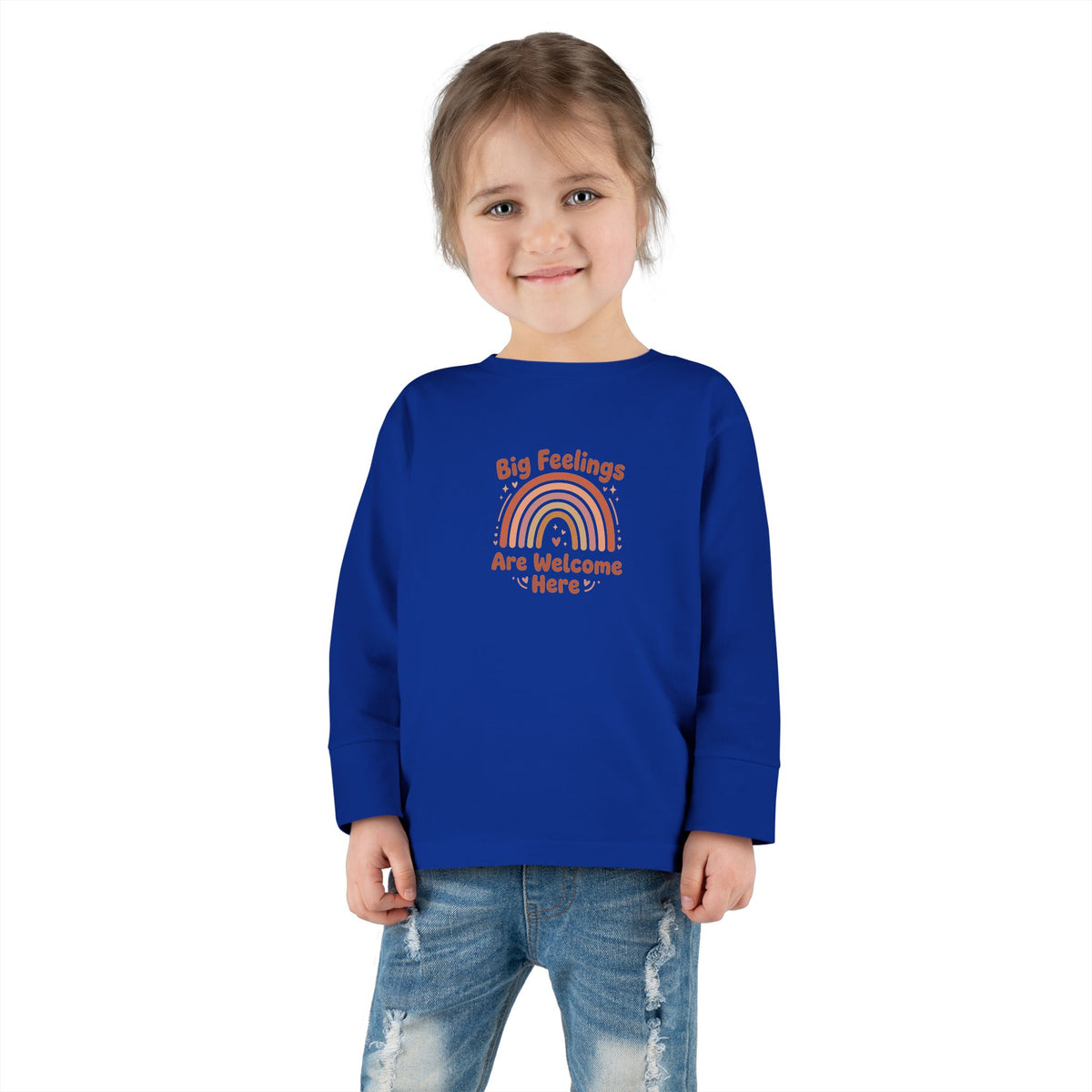 "Big Feelings Are Welcome Here" Toddler Long Sleeve Tee — Retro Feelings Rainbow | Uplifted By Design™ Inspirational Kids Shirt