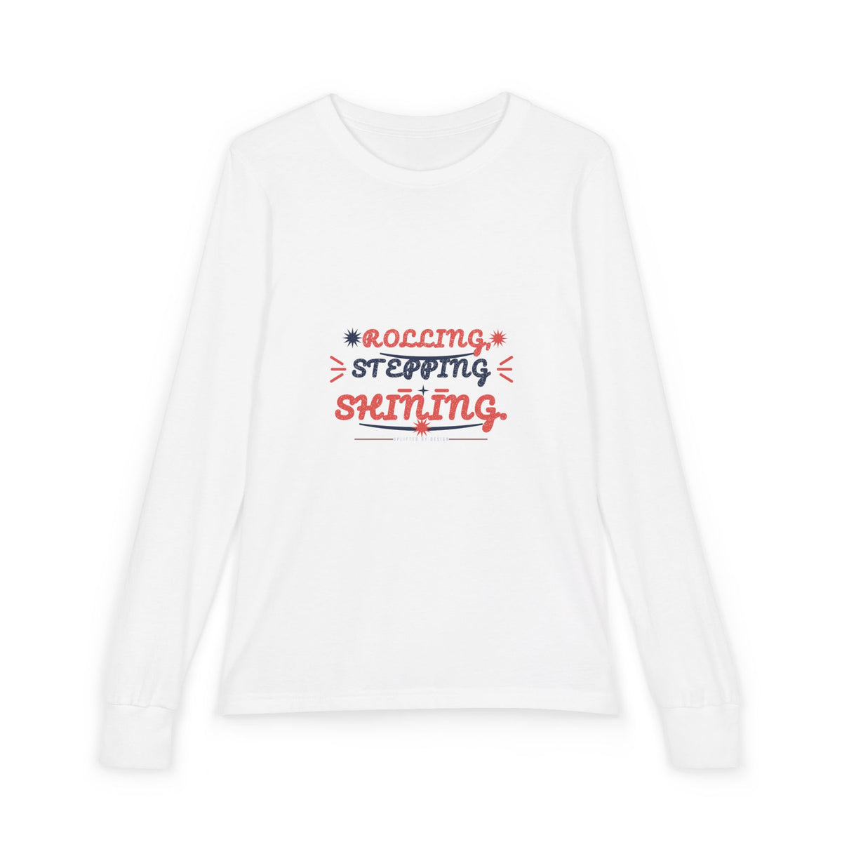 "Rolling, Stepping, Shining" Youth Long Sleeve Tee — Hand-Lettered Lockup | Uplifted By Design™ Cerebral Palsy & Disability Pride Shirt