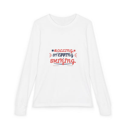 "Rolling, Stepping, Shining" Youth Long Sleeve Tee — Hand-Lettered Lockup | Uplifted By Design™ Cerebral Palsy & Disability Pride Shirt