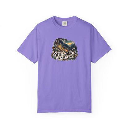 "Still Counts on Hard Days" Illustrated Edition Unisex T-Shirt — Vintage Lantern & Winding Forest Path | Uplifted By Design™ Mental Health & Emotional Wellbeing Tee