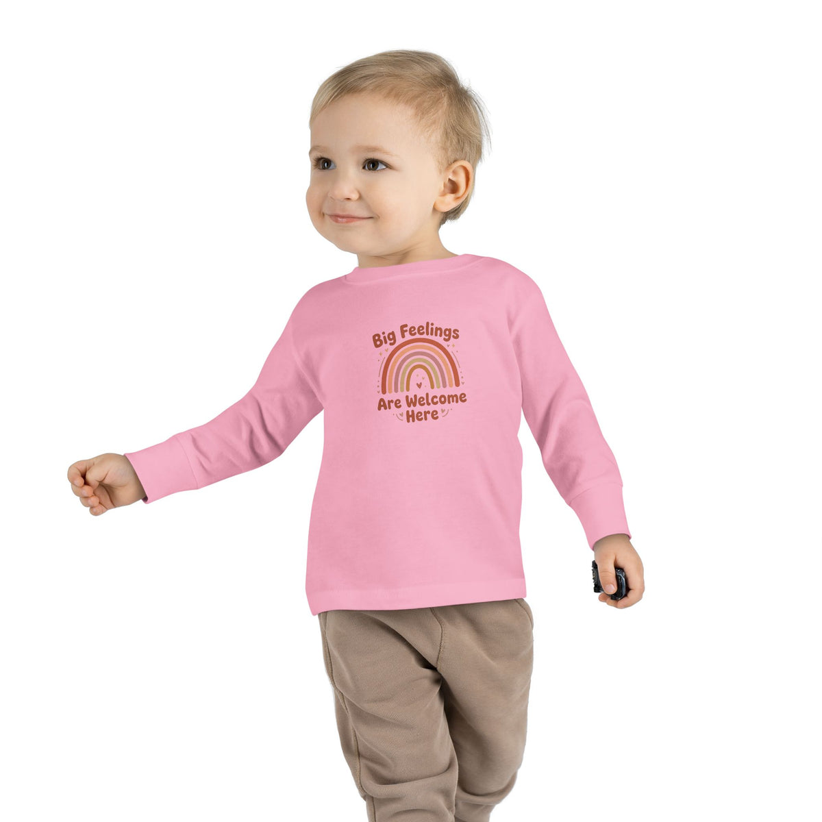 "Big Feelings Are Welcome Here" Toddler Long Sleeve Tee — Retro Feelings Rainbow | Uplifted By Design™ Inspirational Kids Shirt