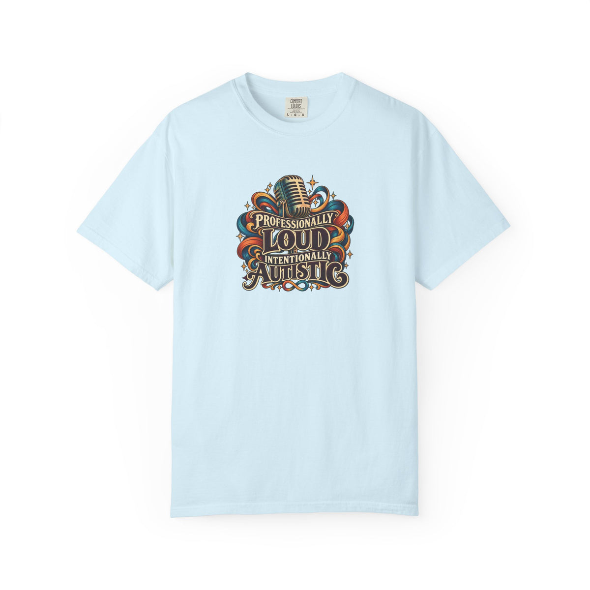 "Professionally Loud Intentionally Autistic" Illustrated Edition Unisex T-Shirt — Vintage Microphone & Sound Ribbons | Uplifted By Design™ Autism Acceptance & Sensory Pride Tee