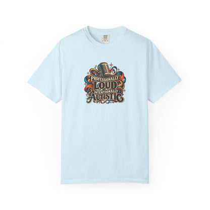"Professionally Loud Intentionally Autistic" Illustrated Edition Unisex T-Shirt — Vintage Microphone & Sound Ribbons | Uplifted By Design™ Autism Acceptance & Sensory Pride Tee