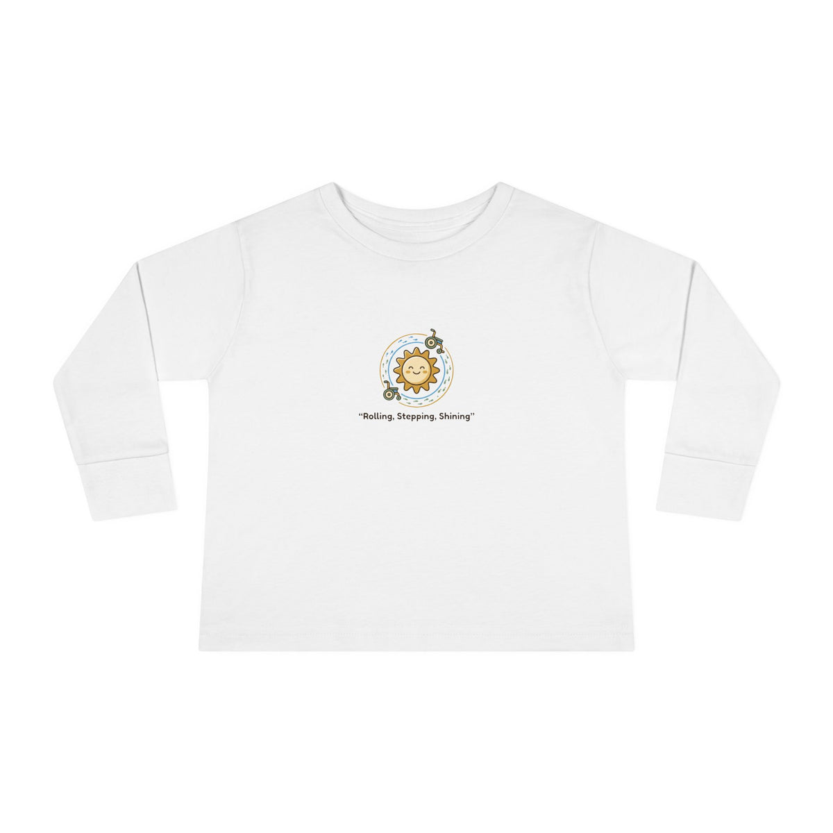 "Rolling, Stepping, Shining" Toddler Long Sleeve Tee — Adaptive Mobility Sun | Uplifted By Design™ Cerebral Palsy & Disability Pride Shirt