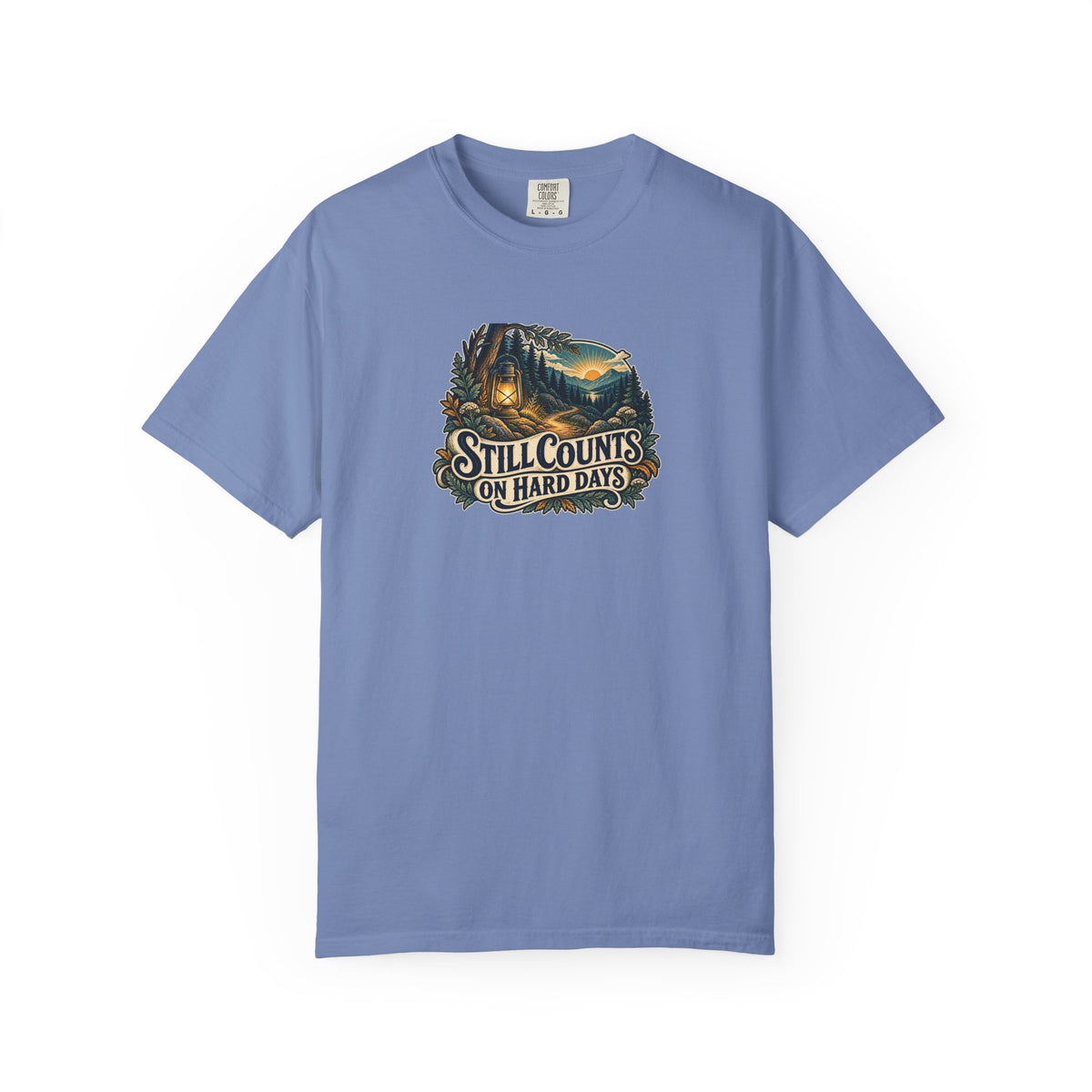 "Still Counts on Hard Days" Illustrated Edition Unisex T-Shirt — Vintage Lantern & Winding Forest Path | Uplifted By Design™ Mental Health & Emotional Wellbeing Tee