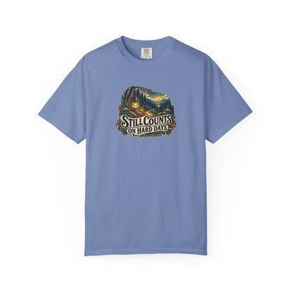 "Still Counts on Hard Days" Illustrated Edition Unisex T-Shirt — Vintage Lantern & Winding Forest Path | Uplifted By Design™ Mental Health & Emotional Wellbeing Tee