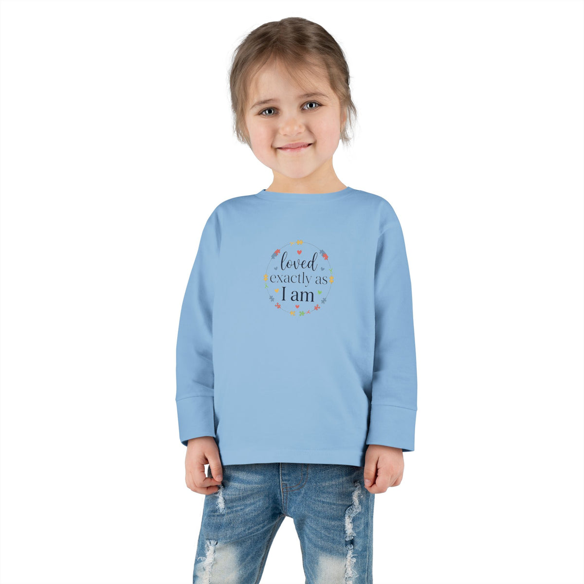 "Loved Exactly As I Am" Toddler Long Sleeve Tee — Puzzle Heart Wreath | Uplifted By Design™ Autism Acceptance & Sensory Pride Shirt