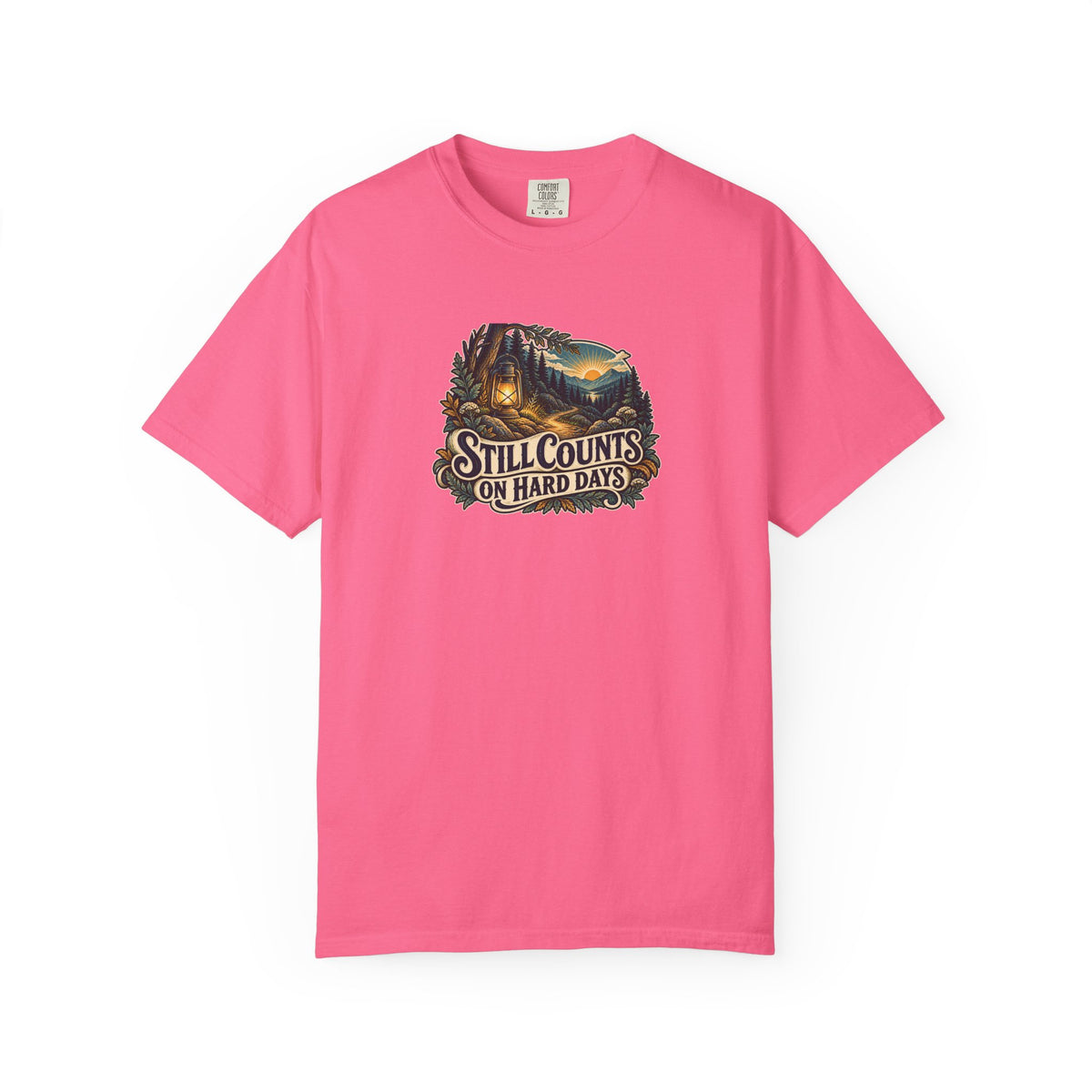 "Still Counts on Hard Days" Illustrated Edition Unisex T-Shirt — Vintage Lantern & Winding Forest Path | Uplifted By Design™ Mental Health & Emotional Wellbeing Tee