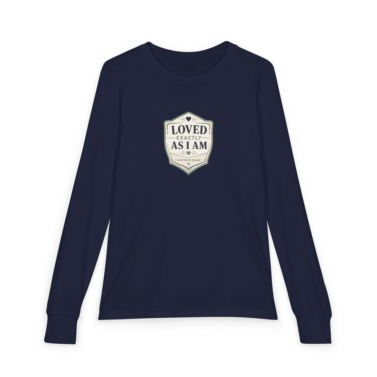 "Loved Exactly As I Am" Youth Long Sleeve Tee — Retro Banner Crest | Uplifted By Design™ Autism Acceptance & Sensory Pride Shirt
