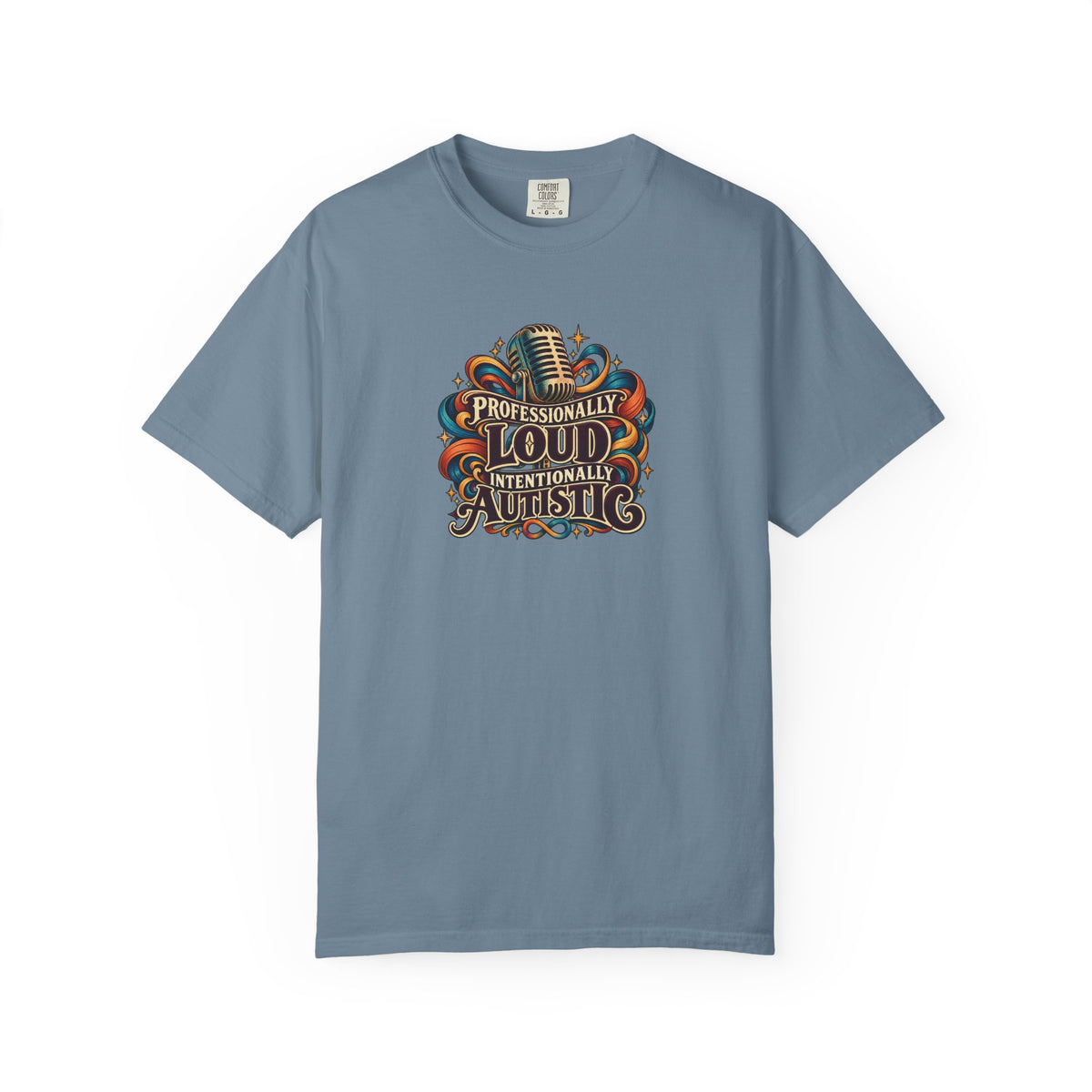 "Professionally Loud Intentionally Autistic" Illustrated Edition Unisex T-Shirt — Vintage Microphone & Sound Ribbons | Uplifted By Design™ Autism Acceptance & Sensory Pride Tee