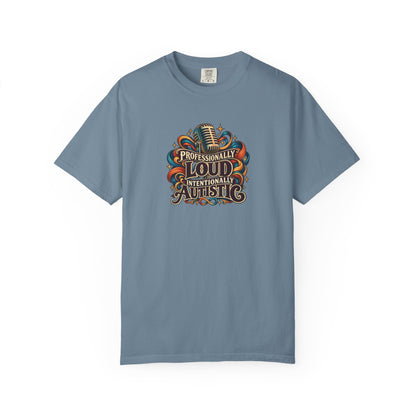 "Professionally Loud Intentionally Autistic" Illustrated Edition Unisex T-Shirt — Vintage Microphone & Sound Ribbons | Uplifted By Design™ Autism Acceptance & Sensory Pride Tee
