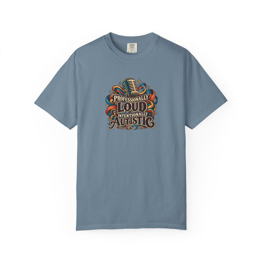 "Professionally Loud Intentionally Autistic" Illustrated Edition Unisex T-Shirt — Vintage Microphone & Sound Ribbons | Uplifted By Design™ Autism Acceptance & Sensory Pride Tee