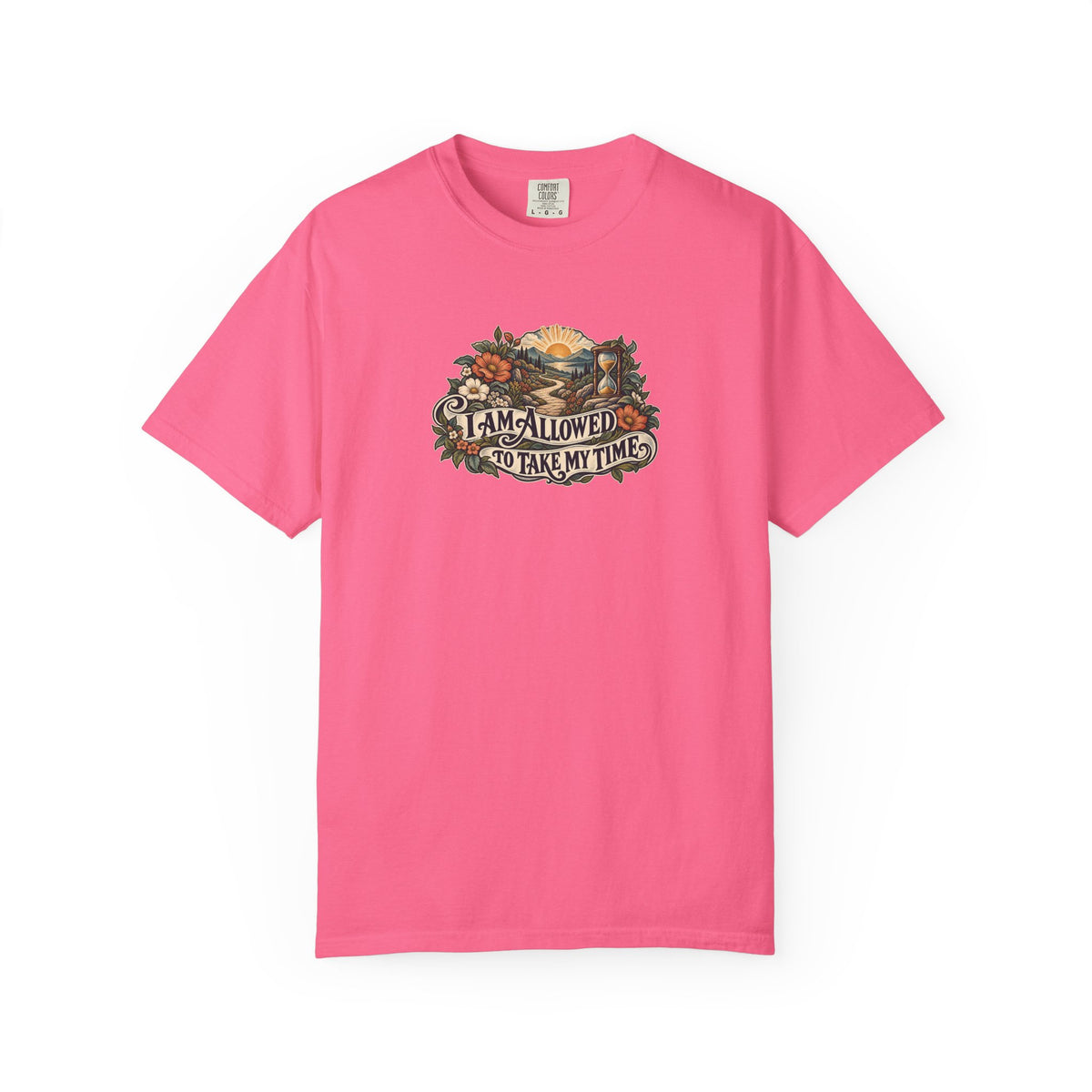 "I Am Allowed to Take My Time" Illustrated Edition Unisex T-Shirt — Vintage Garden Path & Hourglass | Uplifted By Design™ Mental Health & Emotional Wellbeing Tee