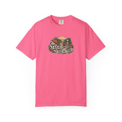 "I Am Allowed to Take My Time" Illustrated Edition Unisex T-Shirt — Vintage Garden Path & Hourglass | Uplifted By Design™ Mental Health & Emotional Wellbeing Tee