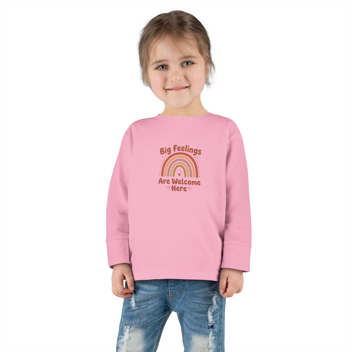 "Big Feelings Are Welcome Here" Toddler Long Sleeve Tee — Retro Feelings Rainbow | Uplifted By Design™ Inspirational Kids Shirt