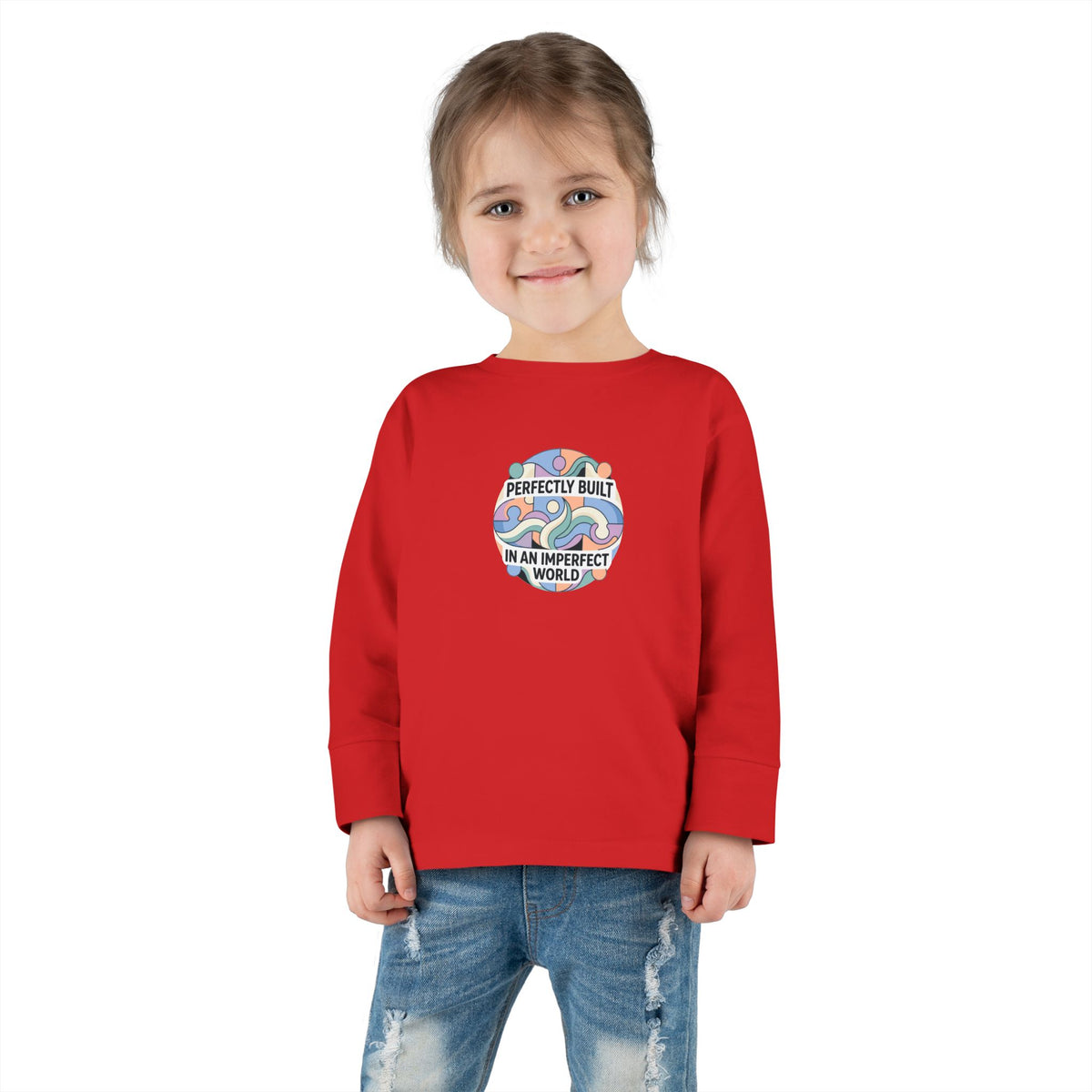 "Perfectly Built in an Imperfect World" Toddler Long Sleeve Tee — Neurodiversity Pride Shirt | Uplifted By Design™