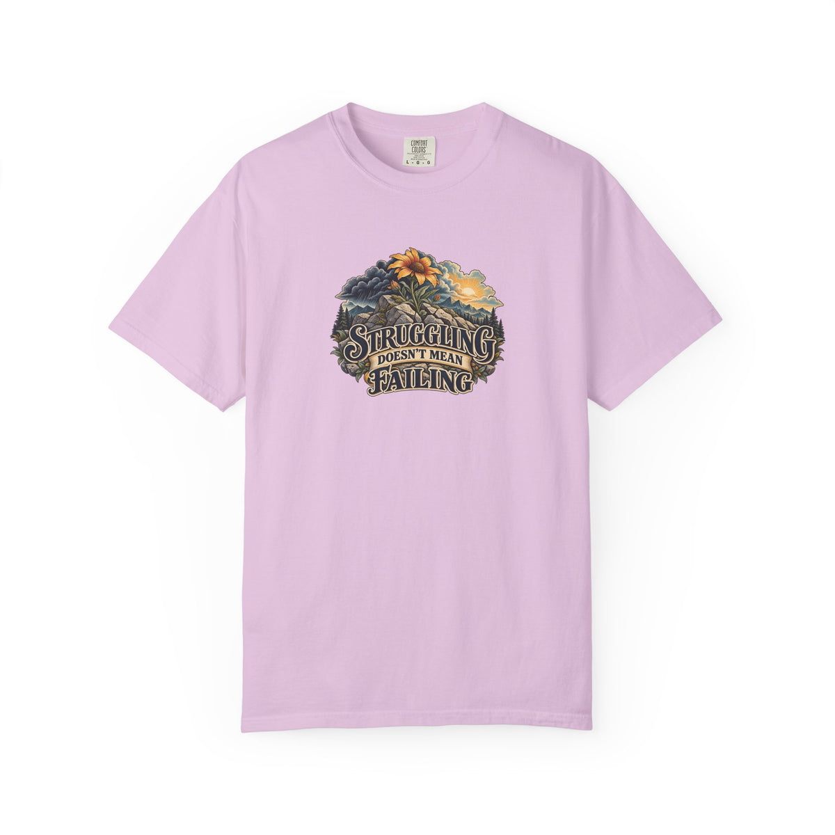 "Struggling Doesn't Mean Failing" Illustrated Edition Unisex T-Shirt — Vintage Wildflower & Clearing-Storm Illustration | Uplifted By Design™ Mental Health & Emotional Wellbeing Tee