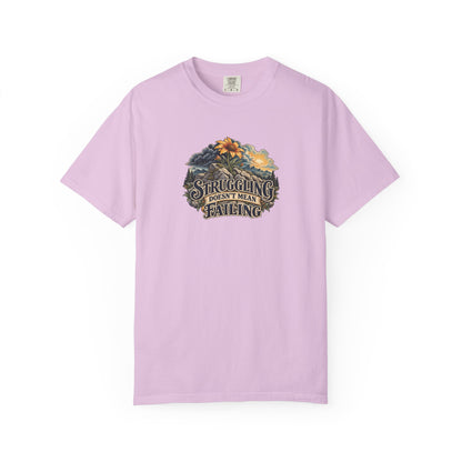 "Struggling Doesn't Mean Failing" Illustrated Edition Unisex T-Shirt — Vintage Wildflower & Clearing-Storm Illustration | Uplifted By Design™ Mental Health & Emotional Wellbeing Tee