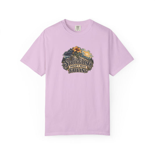 "Struggling Doesn't Mean Failing" Illustrated Edition Unisex T-Shirt — Vintage Wildflower & Clearing-Storm Illustration | Uplifted By Design™ Mental Health & Emotional Wellbeing Tee