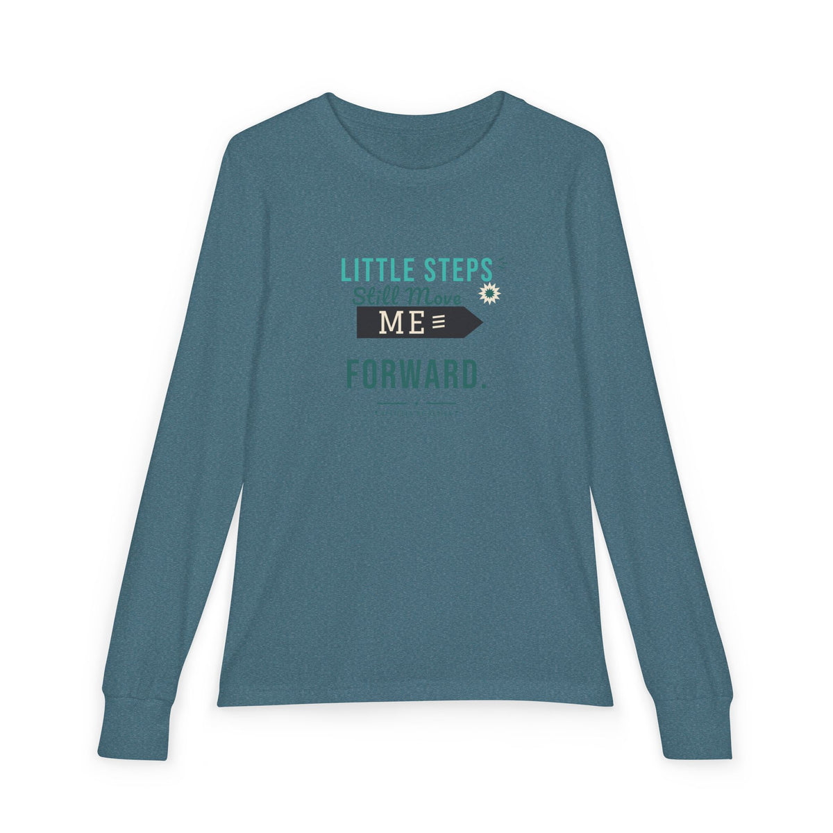 "Little Steps Still Move Me Forward" Youth Long Sleeve Tee — Hand-Lettered Lockup | Uplifted By Design™ Cerebral Palsy & Adaptive Movement Shirt