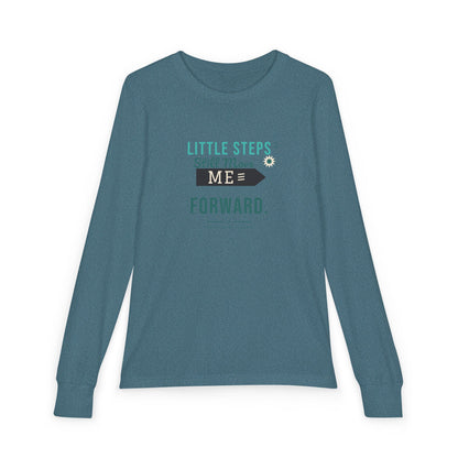 "Little Steps Still Move Me Forward" Youth Long Sleeve Tee — Hand-Lettered Lockup | Uplifted By Design™ Cerebral Palsy & Adaptive Movement Shirt