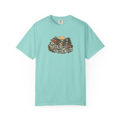 "I Am Allowed to Take My Time" Illustrated Edition Unisex T-Shirt — Vintage Garden Path & Hourglass | Uplifted By Design™ Mental Health & Emotional Wellbeing Tee
