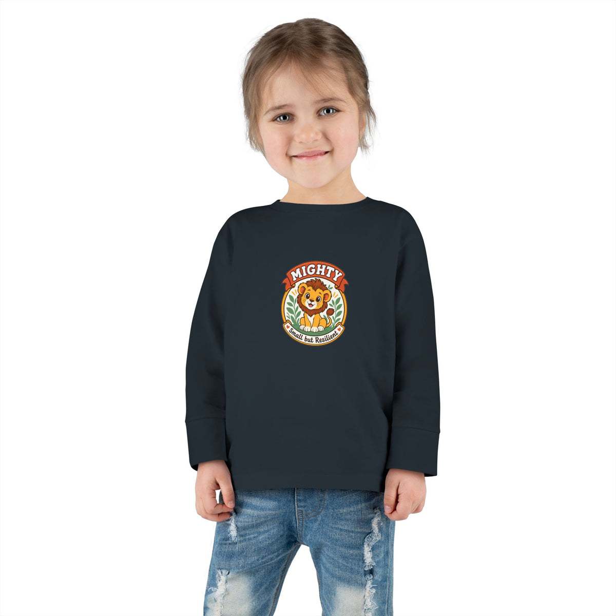 Mighty & Small but Resilient" Toddler Long Sleeve Tee — Cute Lion Design | Uplifted By Design™ Inspirational Kids Shirt