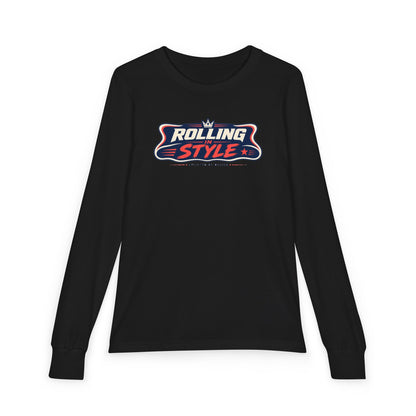 "Rolling In Style" Youth Long Sleeve Tee — Streetwear Banner Crest | Uplifted By Design™ Cerebral Palsy & Disability Pride Shirt