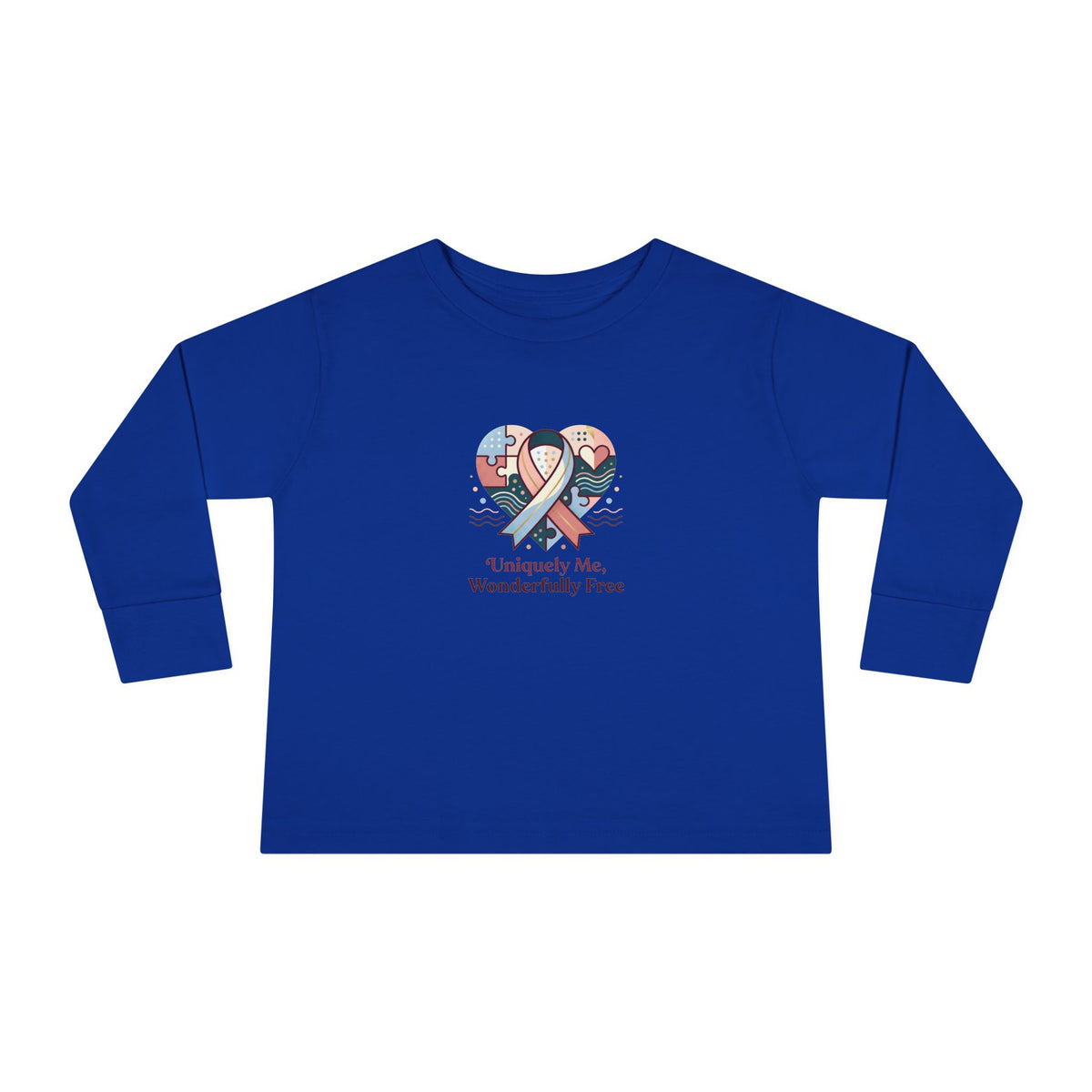 "Uniquely Me, Wonderfully Free" Toddler Long Sleeve Tee — Puzzle Heart Ribbon | Uplifted By Design™ Autism Acceptance & Sensory Pride Shirt