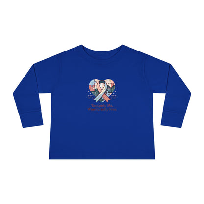 "Uniquely Me, Wonderfully Free" Toddler Long Sleeve Tee — Puzzle Heart Ribbon | Uplifted By Design™ Autism Acceptance & Sensory Pride Shirt