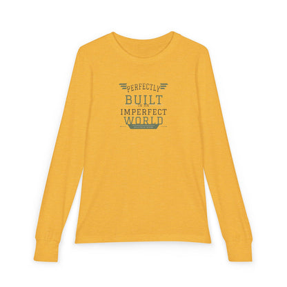 "Perfectly Built in an Imperfect World" Youth Long Sleeve Tee — Collegiate Arch Stack | Uplifted By Design™ Inspirational Kids Shirt