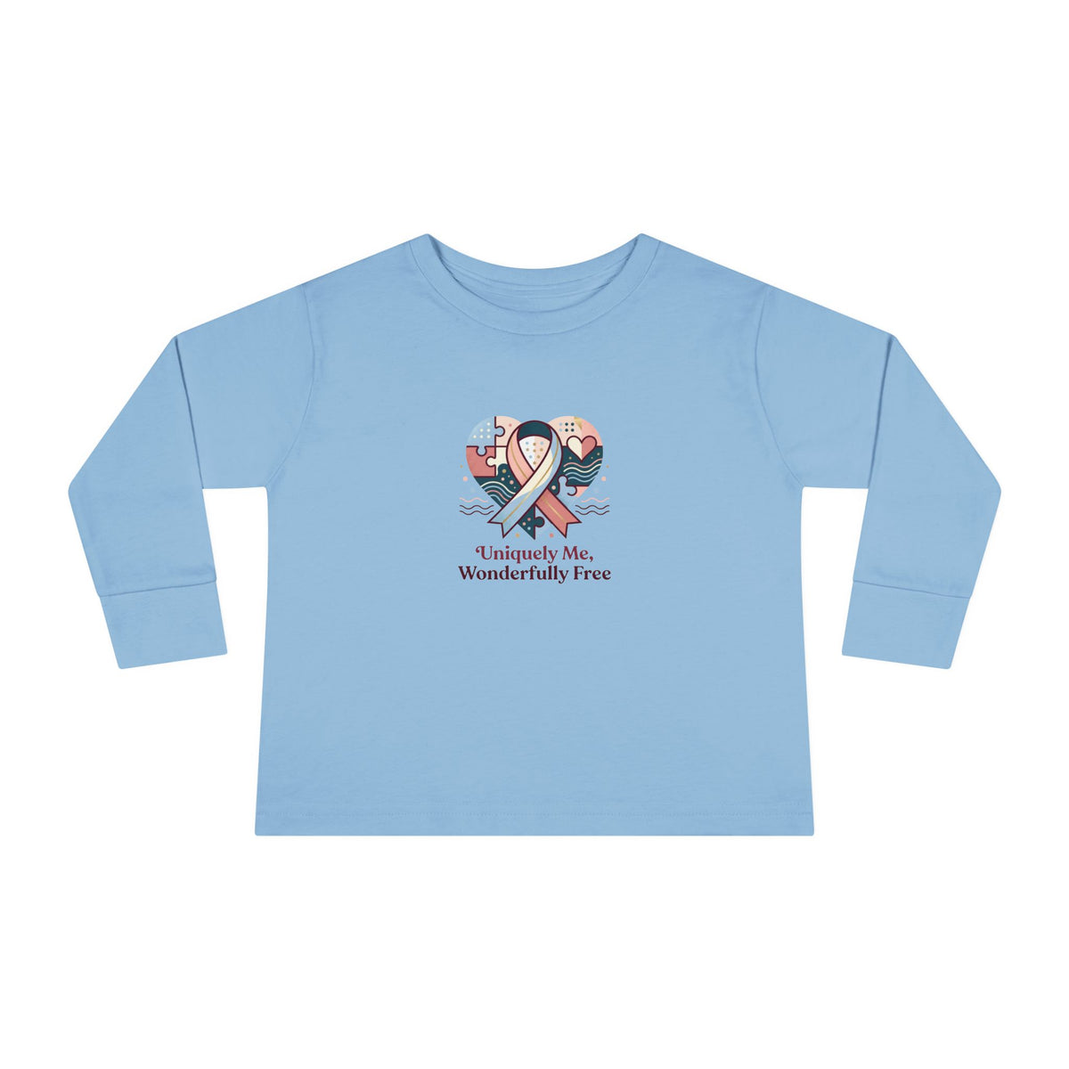 "Uniquely Me, Wonderfully Free" Toddler Long Sleeve Tee — Puzzle Heart Ribbon | Uplifted By Design™ Autism Acceptance & Sensory Pride Shirt
