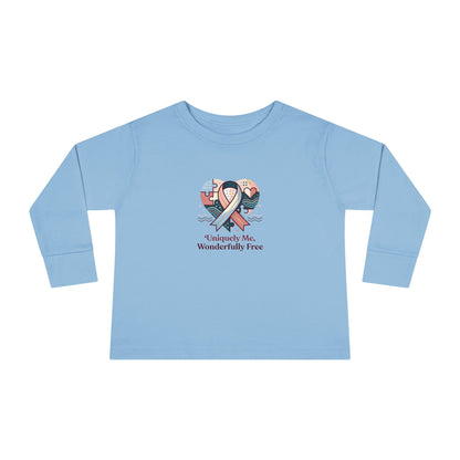 "Uniquely Me, Wonderfully Free" Toddler Long Sleeve Tee — Puzzle Heart Ribbon | Uplifted By Design™ Autism Acceptance & Sensory Pride Shirt