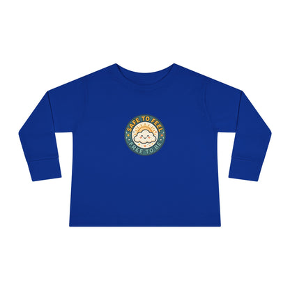 "Safe to Feel, Free to Be" Toddler Long Sleeve Tee — Cozy Cloud Emblem | Uplifted By Design™ Inspirational Kids Shirt
