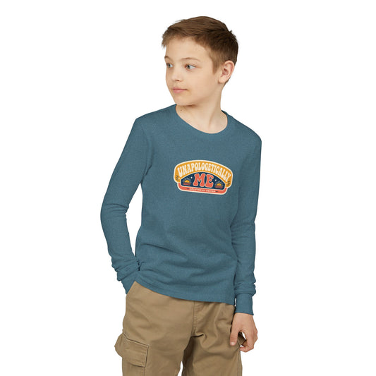 "Unapologetically Me" Youth Long Sleeve Tee — Retro Banner Crest | Uplifted By Design™ Autism Acceptance & Sensory Pride Shirt