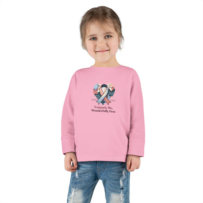 "Uniquely Me, Wonderfully Free" Toddler Long Sleeve Tee — Puzzle Heart Ribbon | Uplifted By Design™ Autism Acceptance & Sensory Pride Shirt