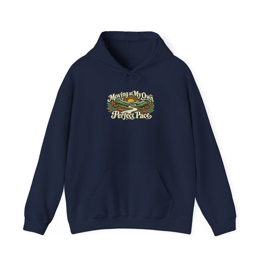 "Moving at My Own Perfect Pace" Unisex Hoodie — Vintage Winding-Path Graphic | Uplifted By Design™ Cerebral Palsy & Adaptive Movement Hoodie