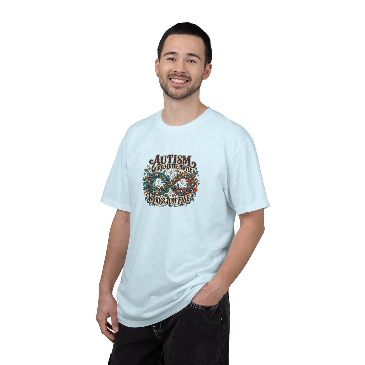 "Wired Differently Works Just Fine" Illustrated Edition Unisex T-Shirt — Botanical Circuit Infinity Graphic | Uplifted By Design™ Autism Acceptance & Neurodiversity Tee