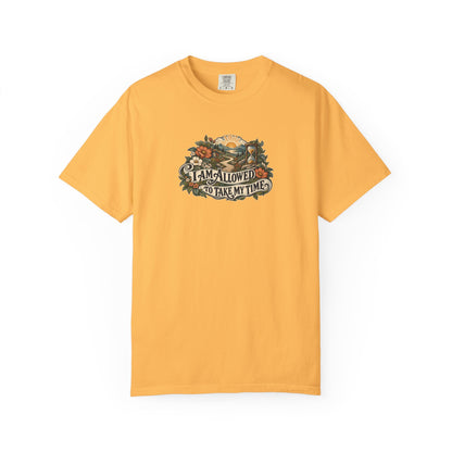 "I Am Allowed to Take My Time" Illustrated Edition Unisex T-Shirt — Vintage Garden Path & Hourglass | Uplifted By Design™ Mental Health & Emotional Wellbeing Tee
