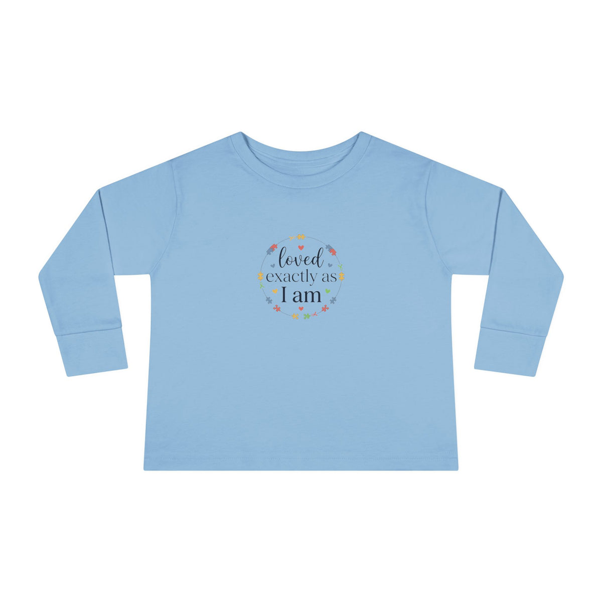"Loved Exactly As I Am" Toddler Long Sleeve Tee — Puzzle Heart Wreath | Uplifted By Design™ Autism Acceptance & Sensory Pride Shirt