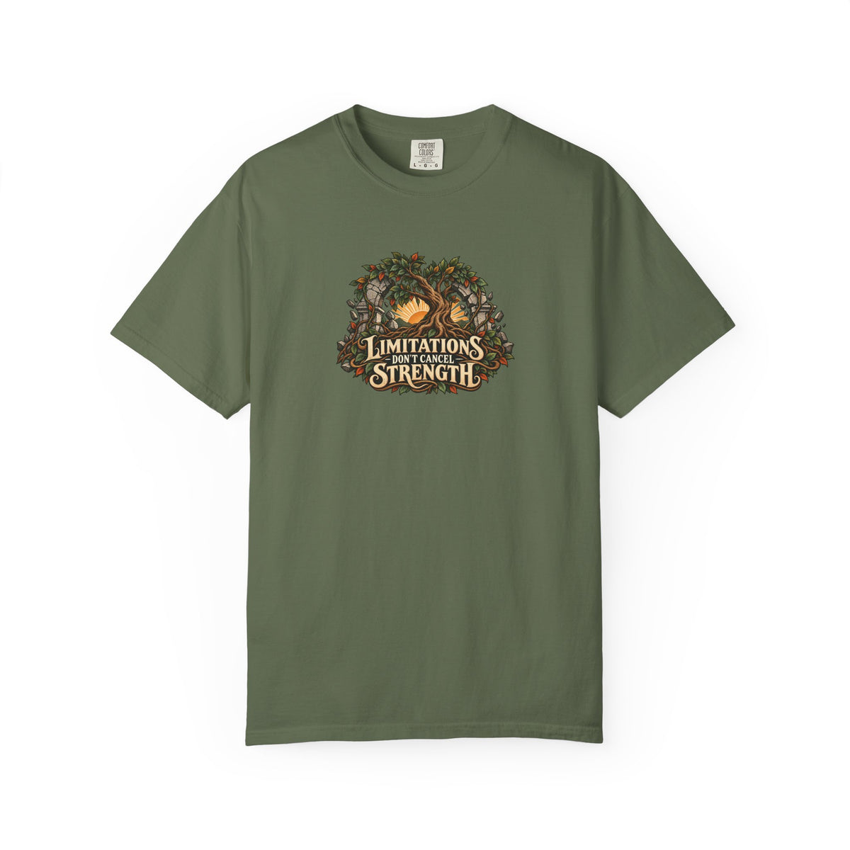 "Limitations Don't Cancel Strength" Illustrated Edition Unisex T-Shirt — Resilient Tree & Broken-Arch Graphic | Uplifted By Design™ Cerebral Palsy & Adaptive Movement Tee