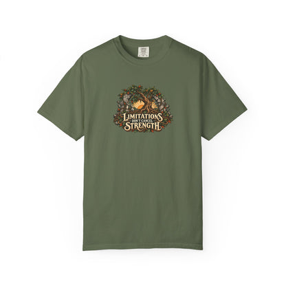 "Limitations Don't Cancel Strength" Illustrated Edition Unisex T-Shirt — Resilient Tree & Broken-Arch Graphic | Uplifted By Design™ Cerebral Palsy & Adaptive Movement Tee