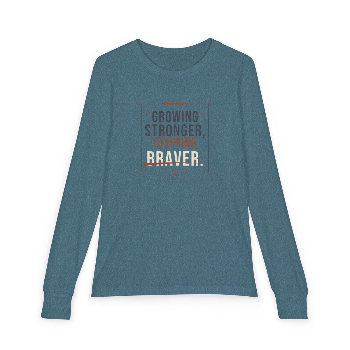 "Growing Stronger, Stepping Braver" Youth Long Sleeve Tee — Throwback Endurance Poster | Uplifted By Design™ Cerebral Palsy & Adaptive Movement Shirt